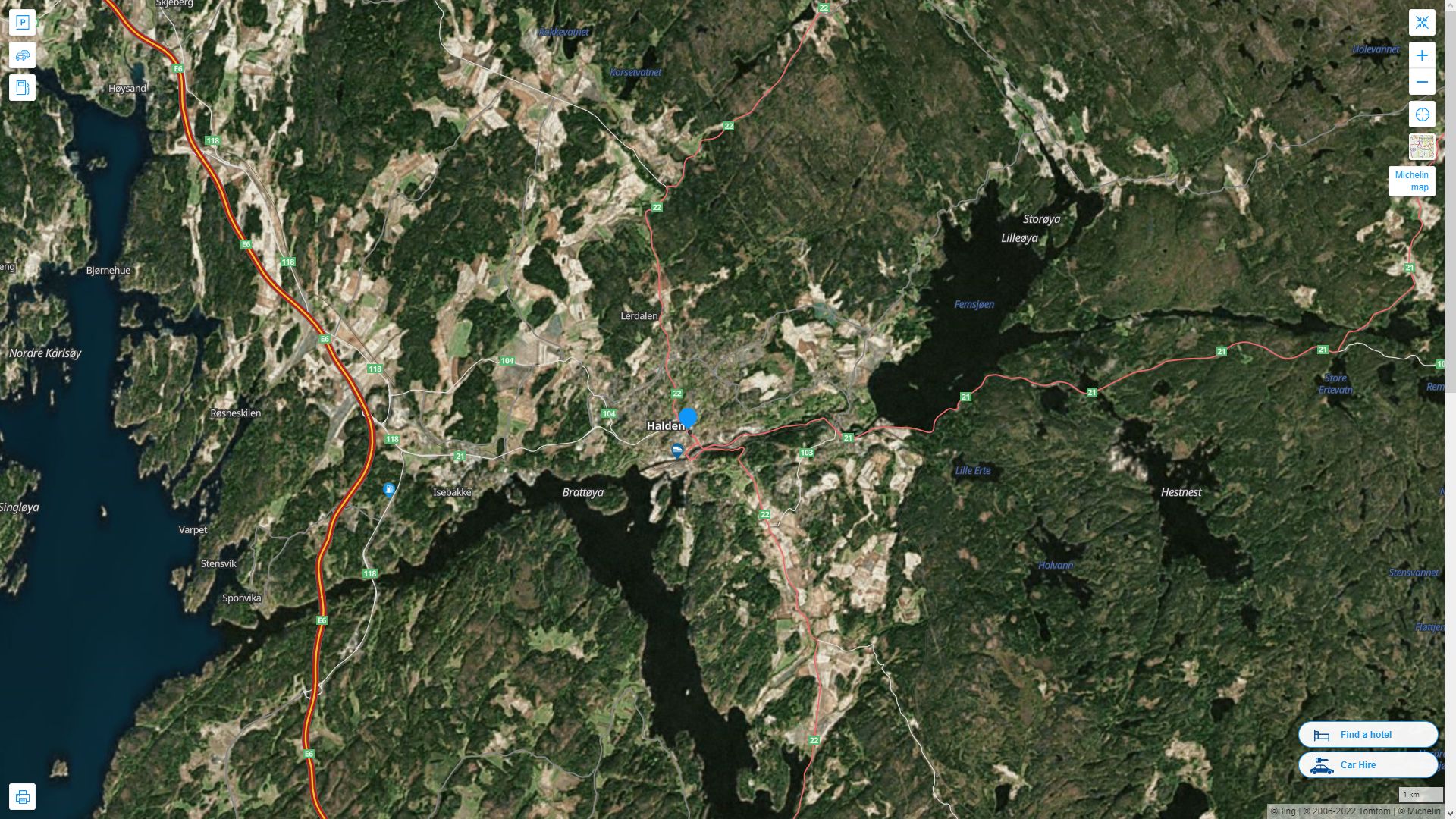 Halden Highway and Road Map with Satellite View